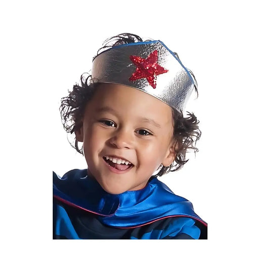 Child wearing a superhero silver crown with a red star on a white background