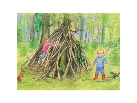 Children building a wooden fort in a forest with animals around