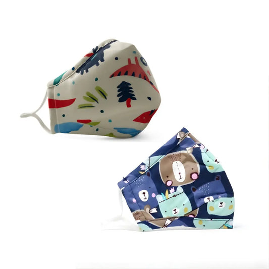 Two children’s dress-up play masks for imaginative role play, dinosaur and woodland bear prints