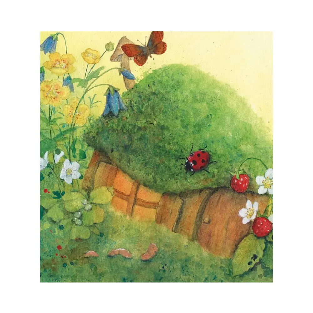 Illustration of a small wooden house with a grass roof, surrounded by flowers and a ladybug.