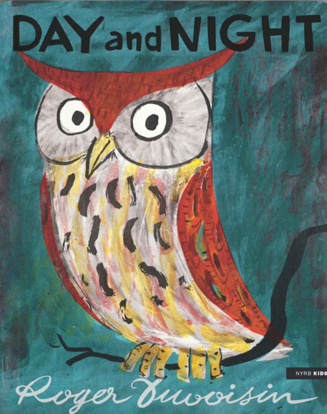 Front cover illustration of Day and Night of an owl on a branch with greenish blue background