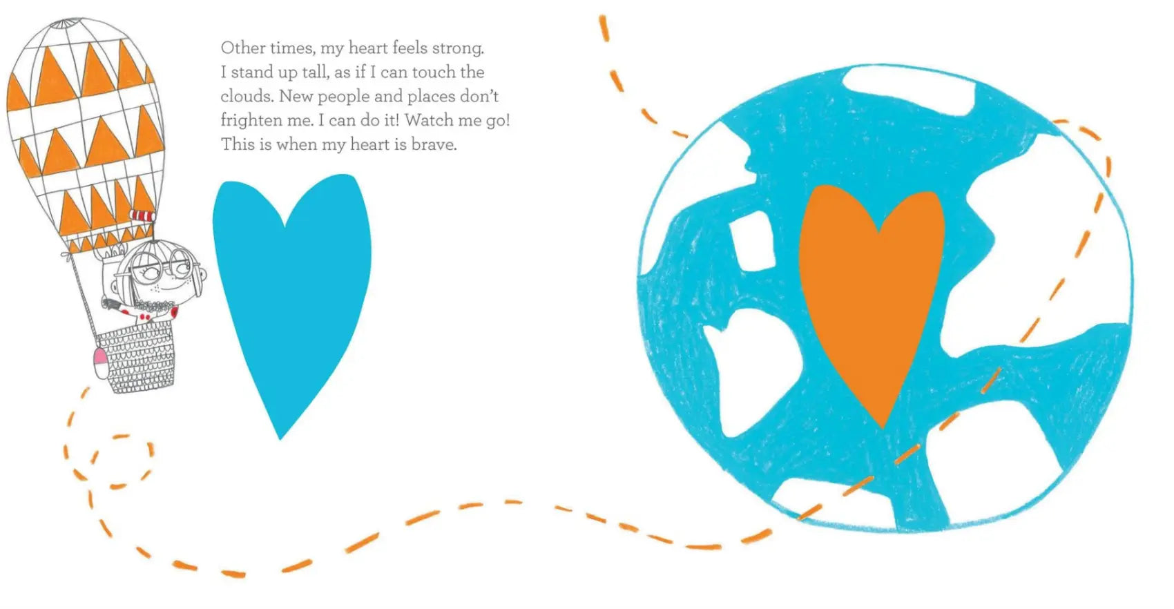an illustration of a child in a hot air balloon with blue and orange hearts on a globe