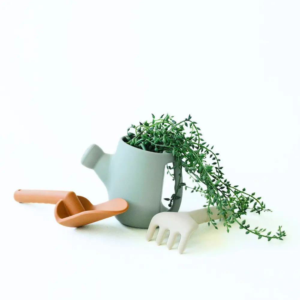 Small children's watering can, rust garden trowel, and white garden rake with a plant on a white background