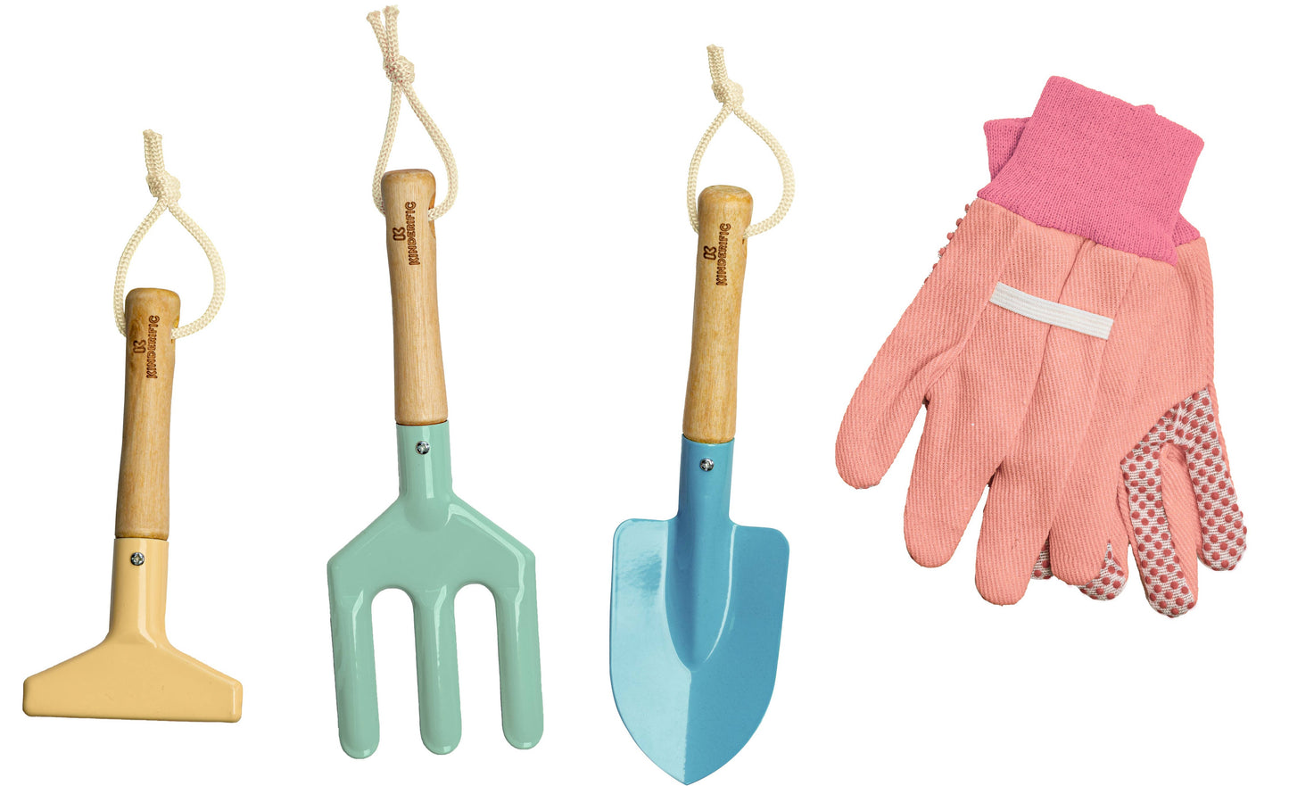 children’s gardening tools including fork trowel rake and gloves