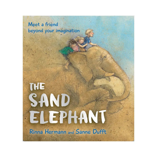 Book cover of The Sand Elephant showing three kids riding an elephant in the sand