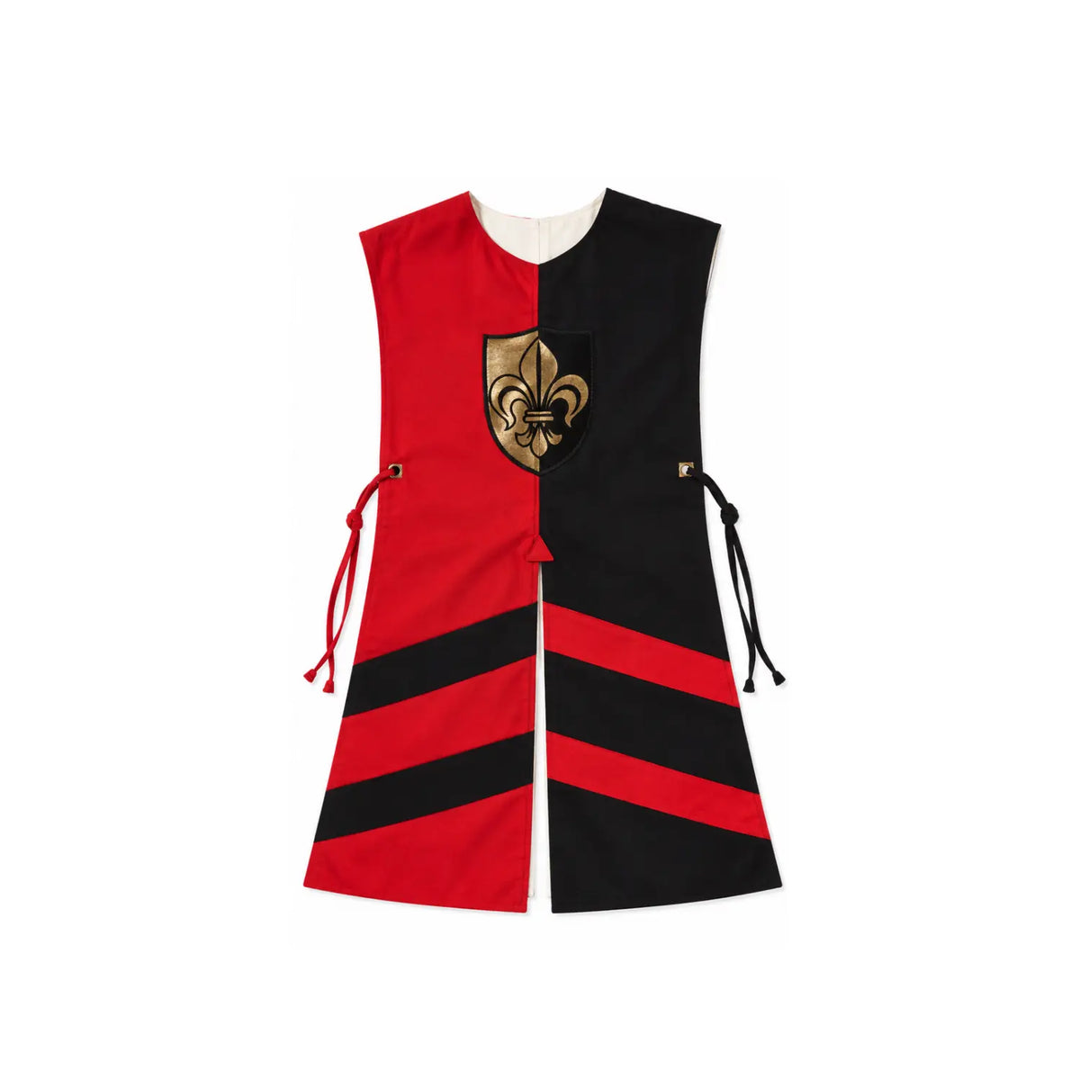 Red and black cotton kids knight surcoat with metallic gold and black fleur-de-lis coat of arms