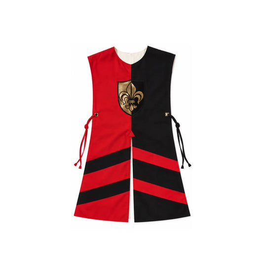 Red and black cotton kids knight surcoat with metallic gold and black fleur-de-lis coat of arms