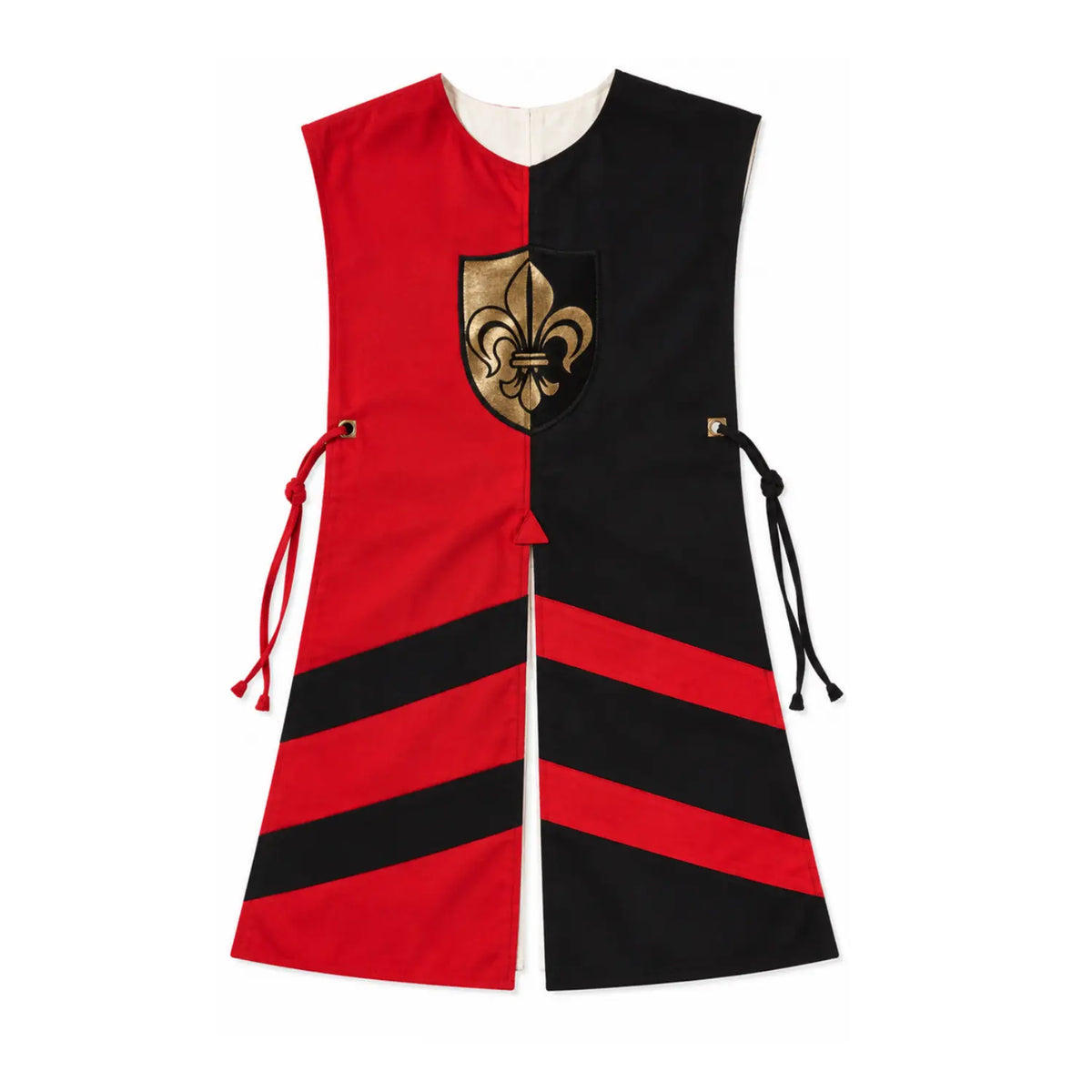 Red and black cotton kids knight surcoat with metallic gold and black fleur-de-lis coat of arms