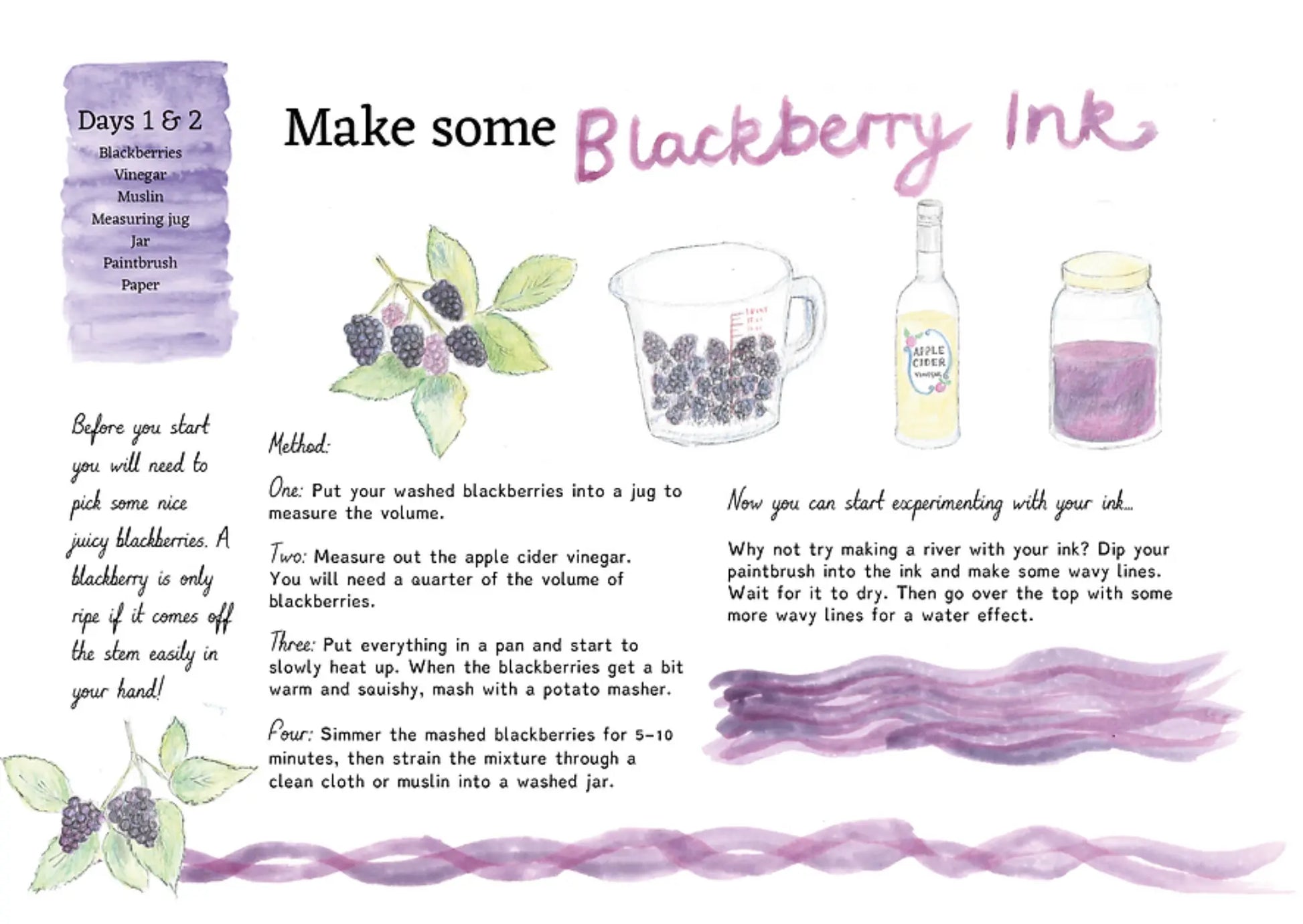 Instructions for making blackberry ink with illustrations and text.
