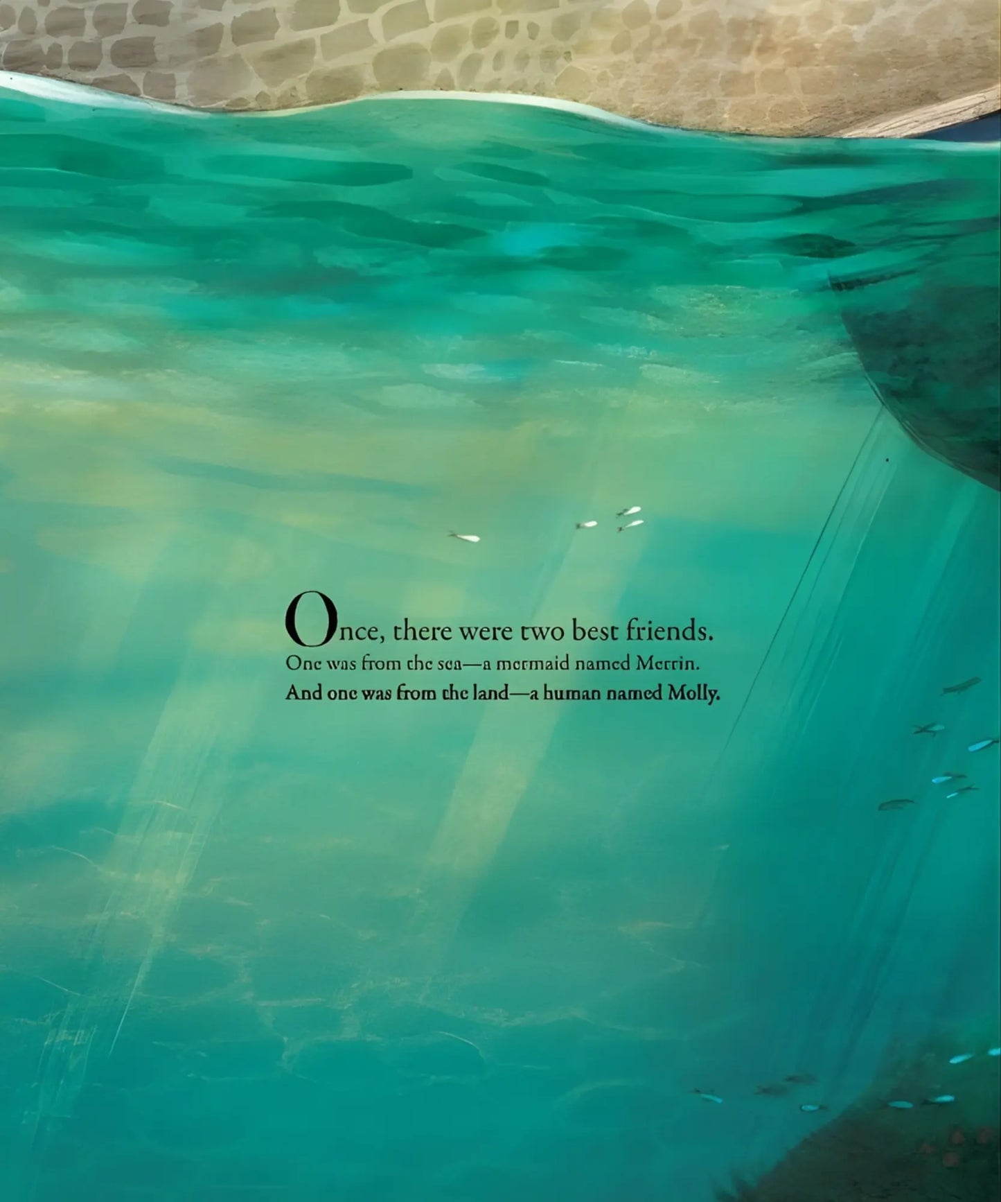 illustration of the ocean with text about a mermaid and human best friends
