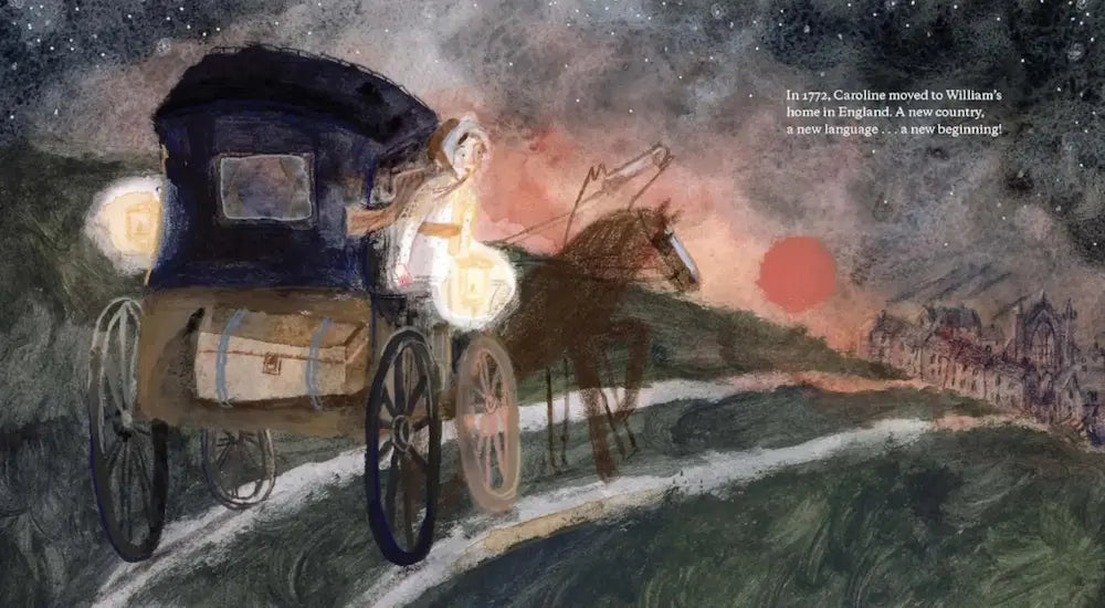 Illustration of a horse-drawn carriage with a person and a dog on a path at night.