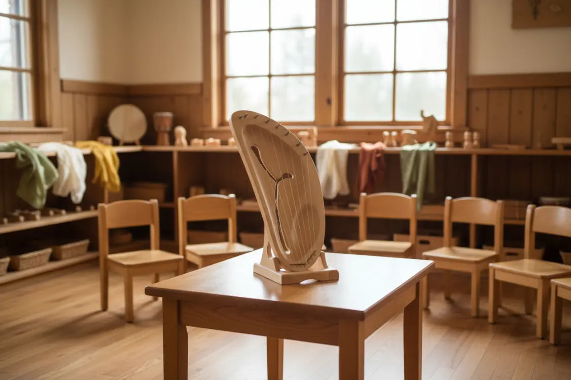 Wooden classroom setup with tables and chairs in a sunlit room with an Auris Pentatonic lyre on the table