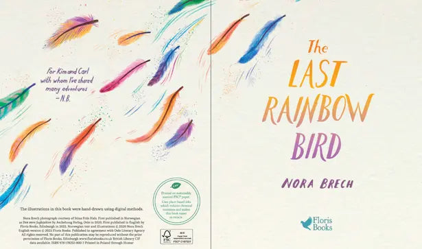 Book cover of 'The Last Rainbow Bird' with colorful feathers and author's name.