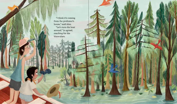 Illustration of two people in a forest with trees and a river.