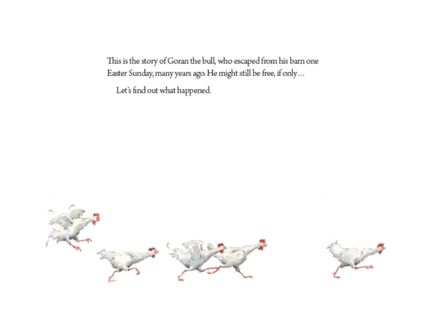 Illustration of chickens running with text about a bull escaping from a barn on Easter Sunday.