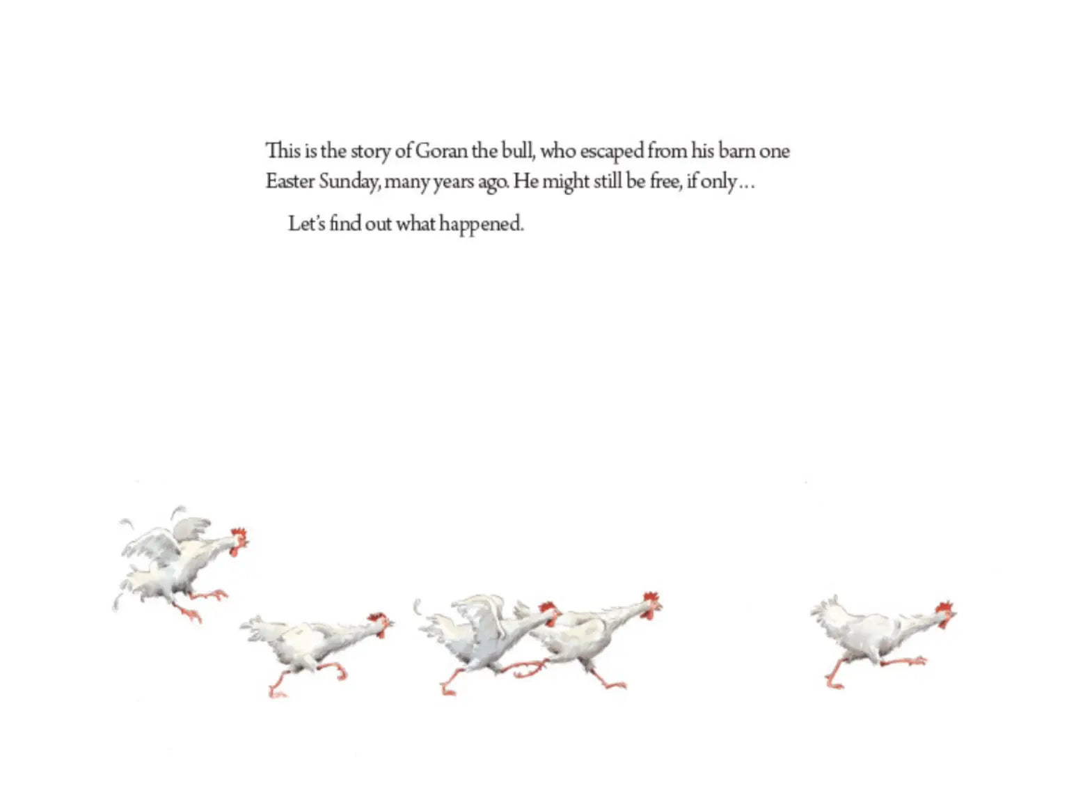Illustration of chickens running with text about a bull escaping from a barn on Easter Sunday.
