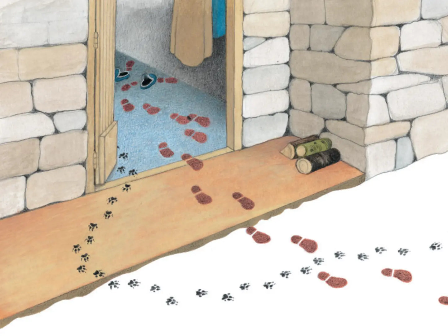 Illustration of a stone wall with a wooden door and footprints leading to it.