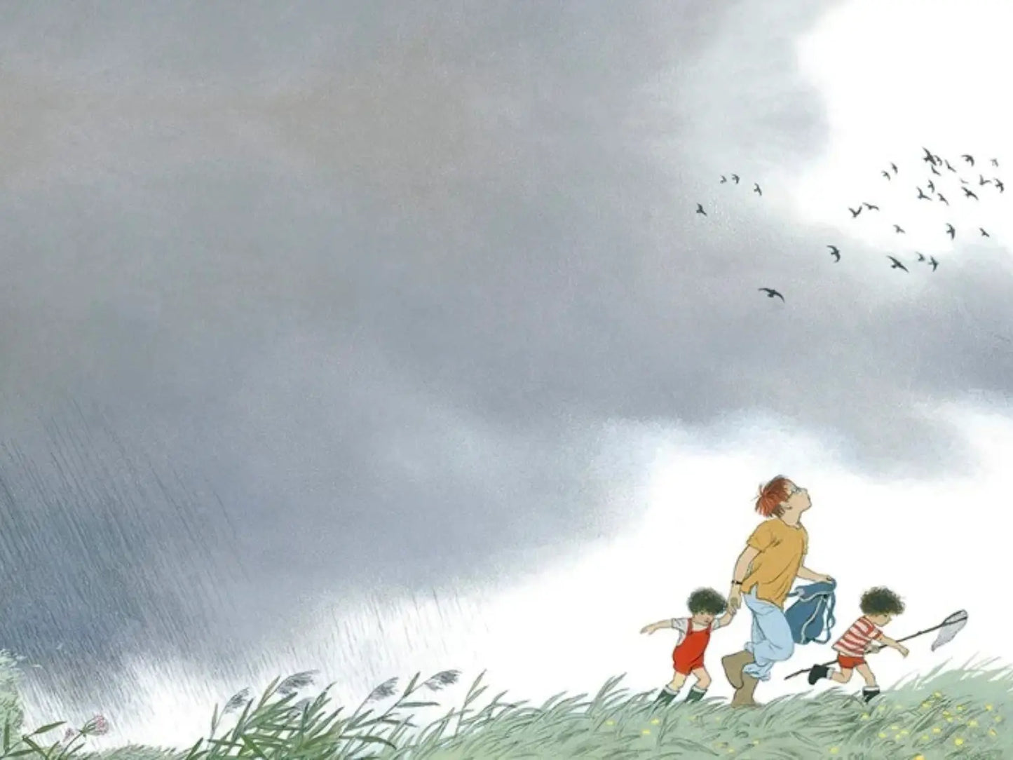 Cartoon of a family walking in the rain with umbrellas, birds flying above.