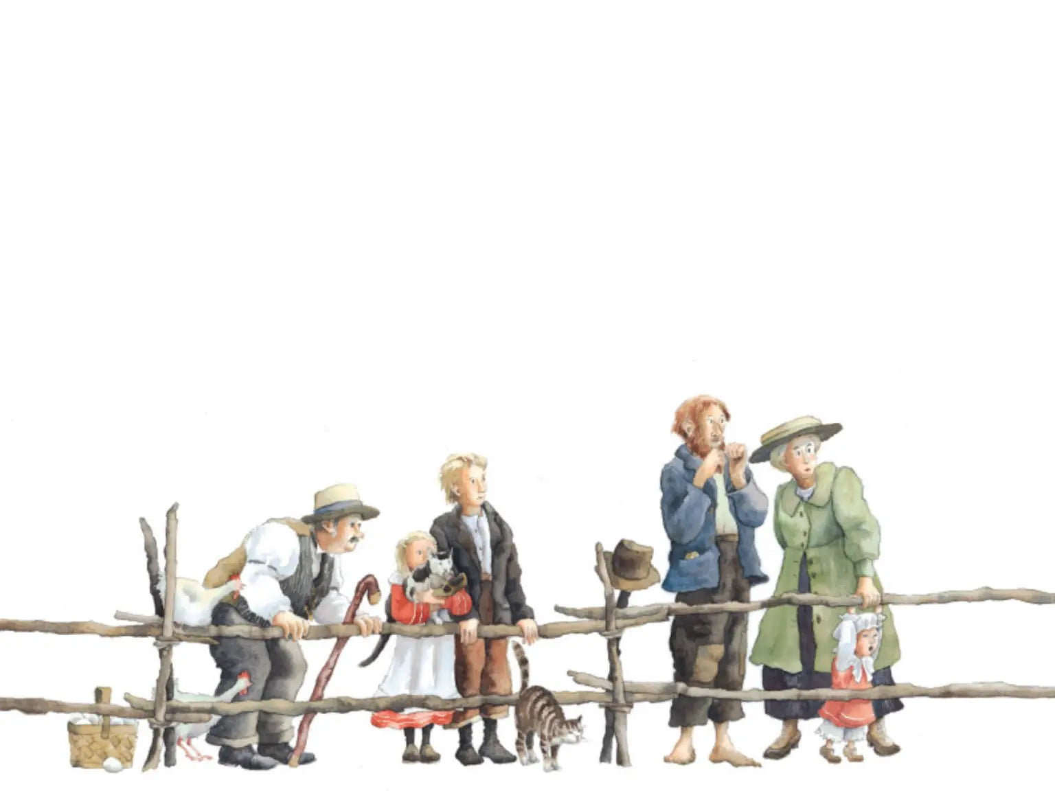 Model figures of a family by a fence on a white background