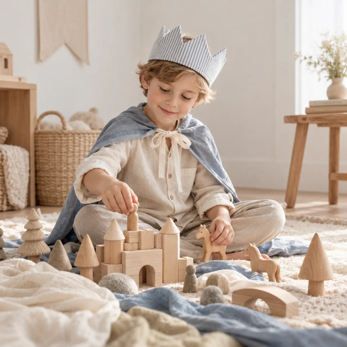 Child wearing a blue striped natural linen dress-up crown and playing with blocks