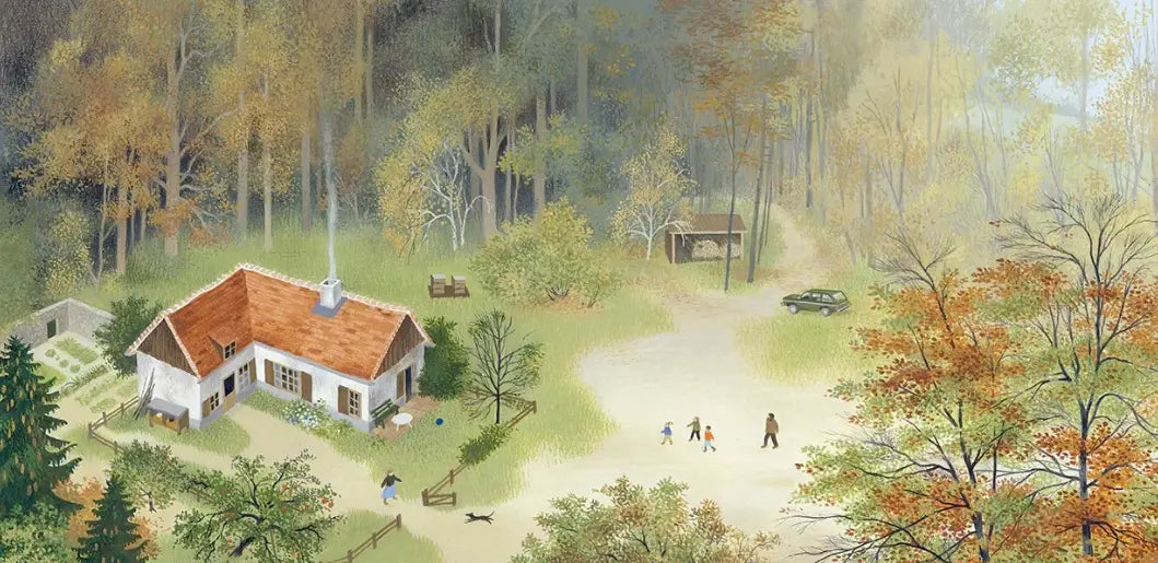Illustration of a house in a forest with people walking around