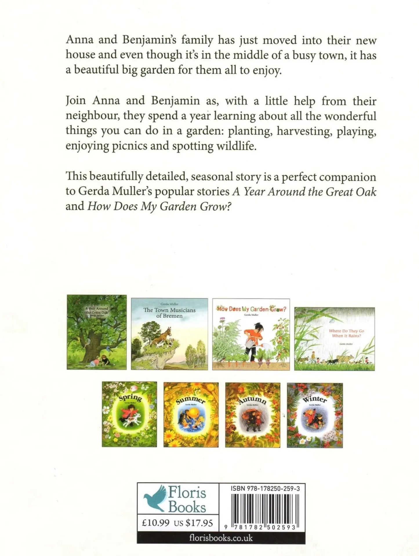 Book cover with text and images of children's books about gardening and nature.