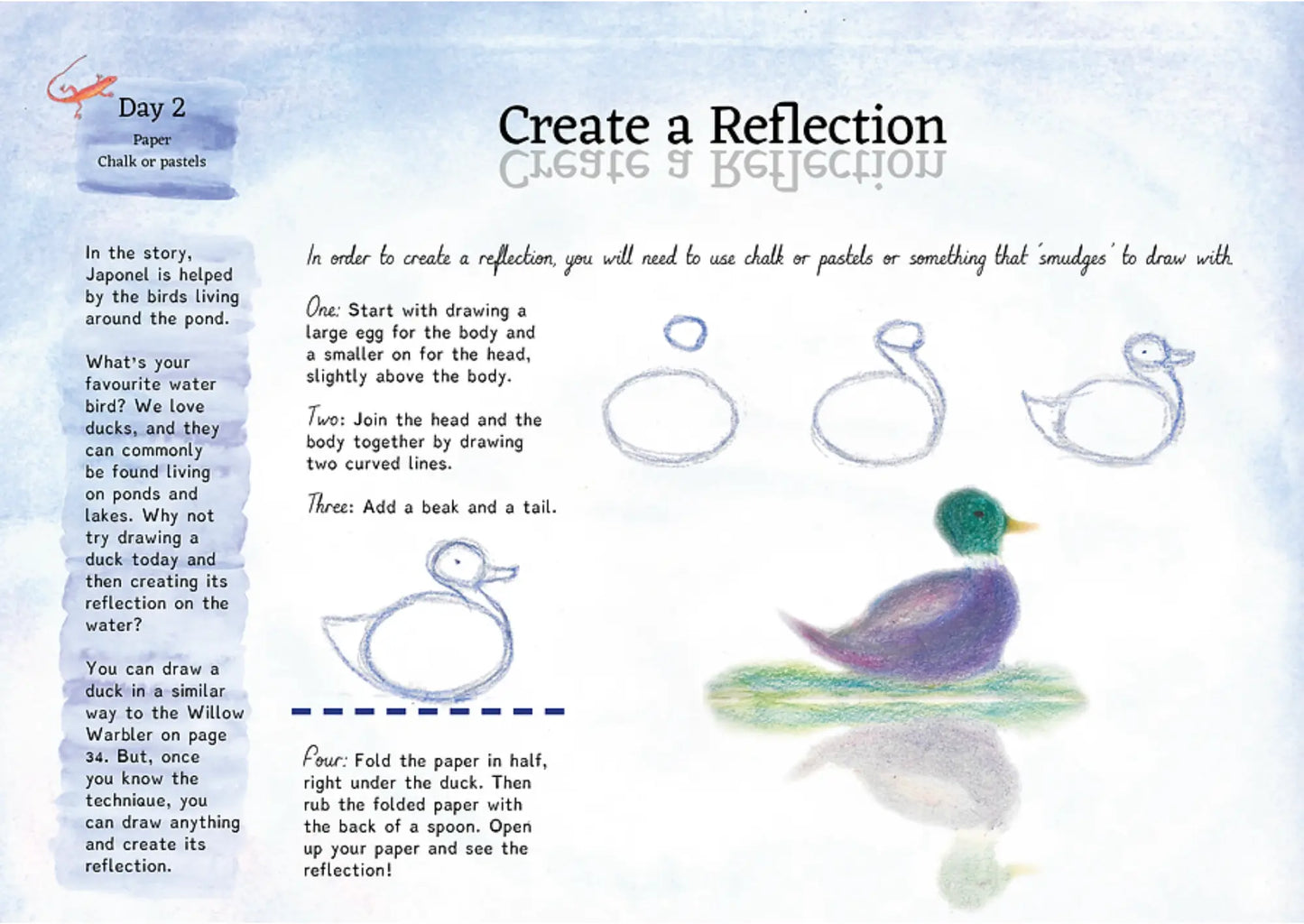 Educational page on creating a reflection with a duck illustration and text instructions.
