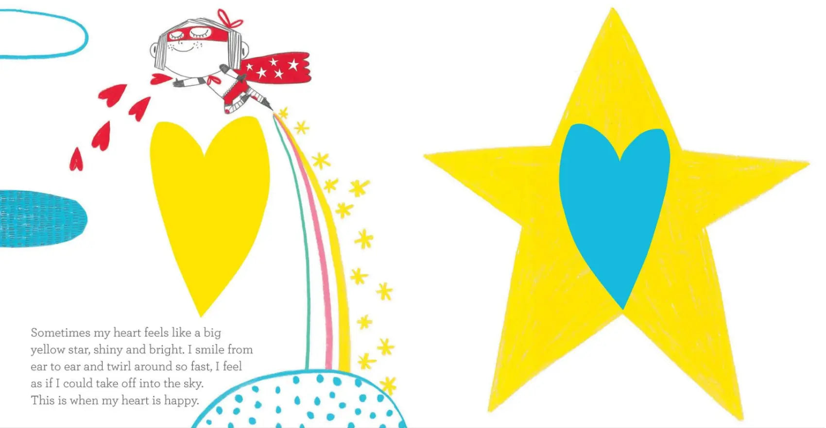 illustration and text from In My Heart of a child flying in a red cape with hearts and starts on the page