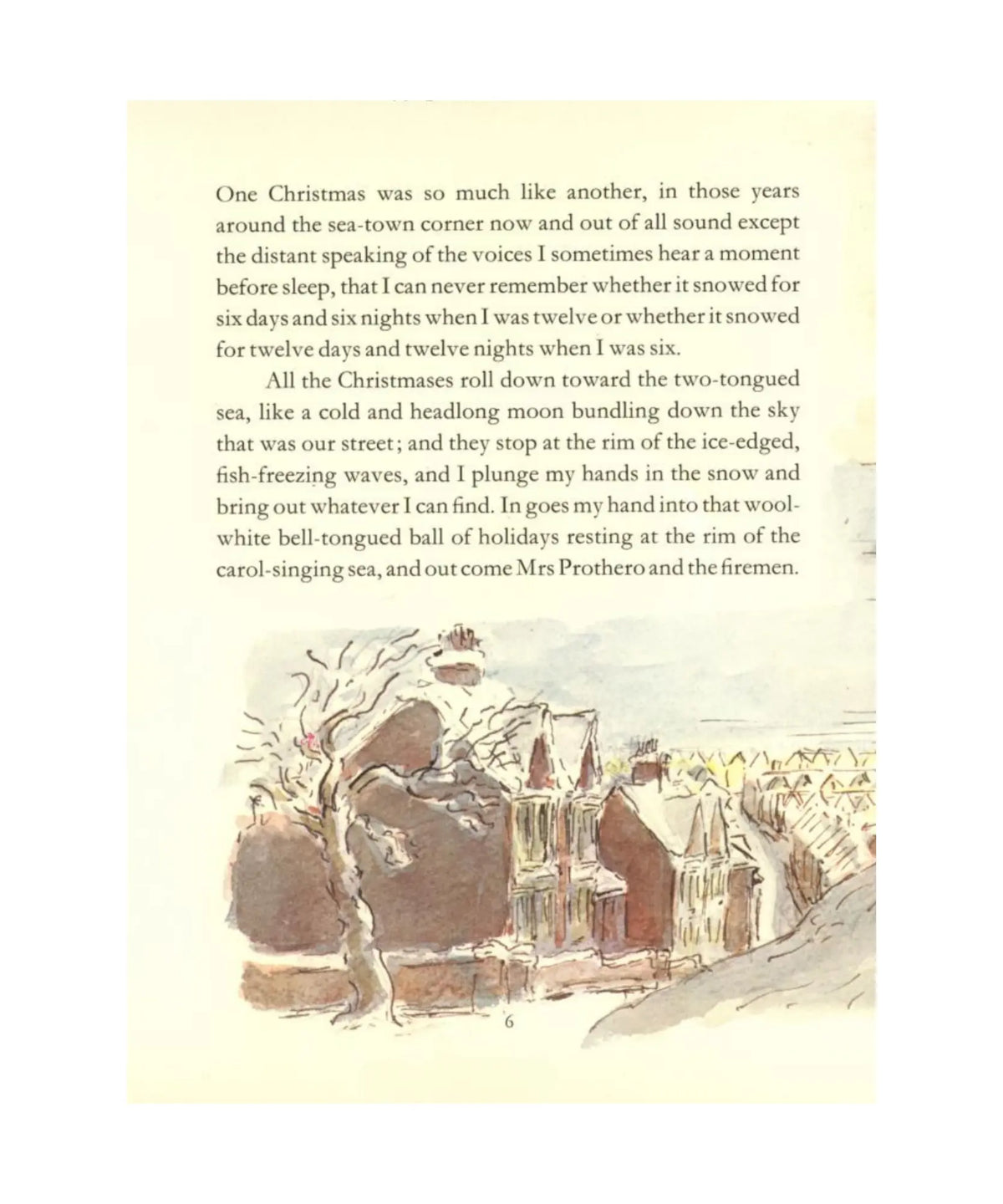 Text excerpt from a Child's Christmas in Wales with a small illustration of a snowy scene.