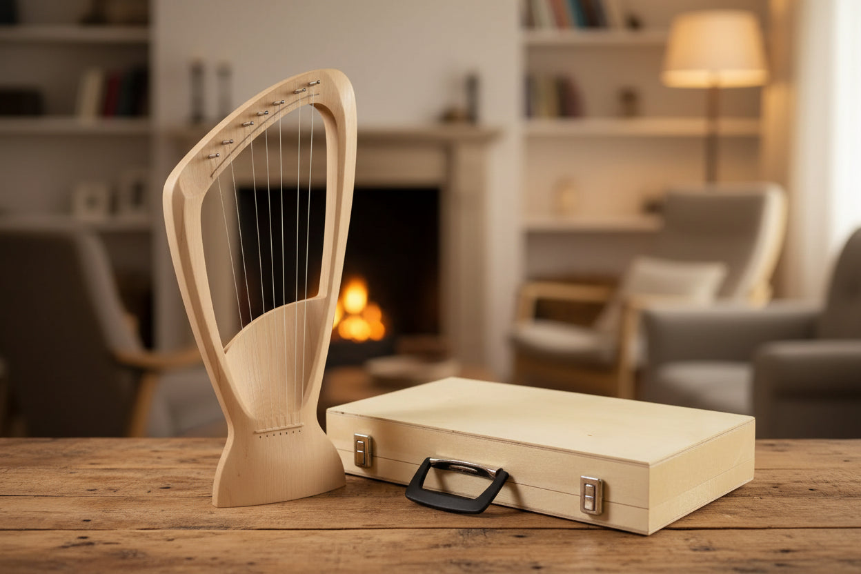 Wooden harp with a carrying case on a wooden table in a living room