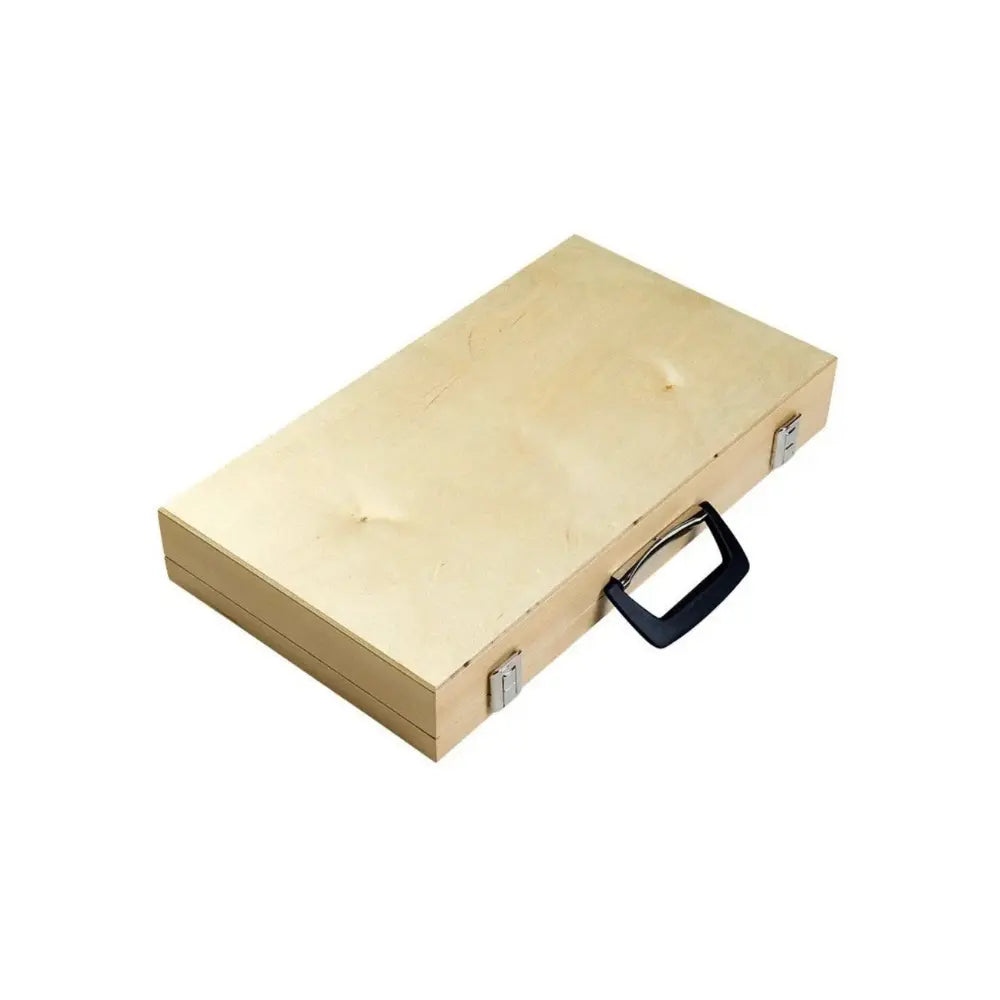Wooden Choroi Children's Harp Case with a black handle on a white background