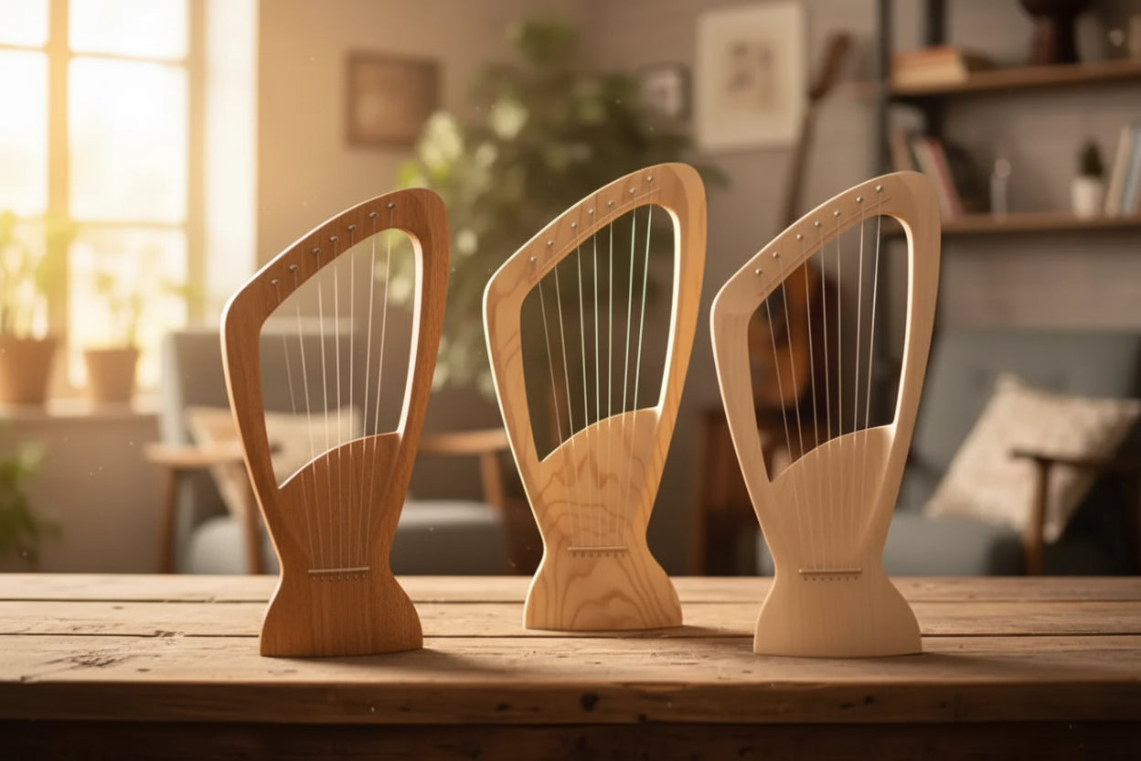 Three wooden harp models on a wooden table with a blurred indoor background