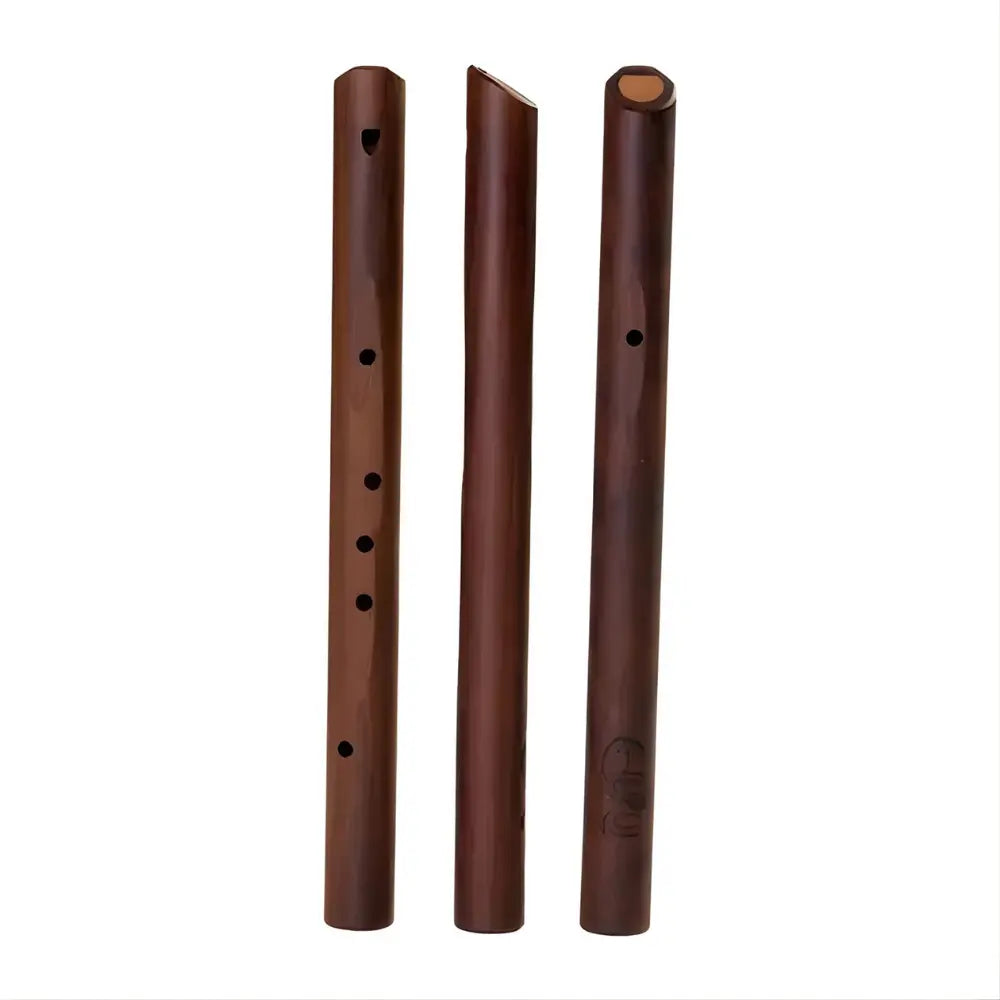 Three wooden pentatonic flutes of side by side showing different views on a white background