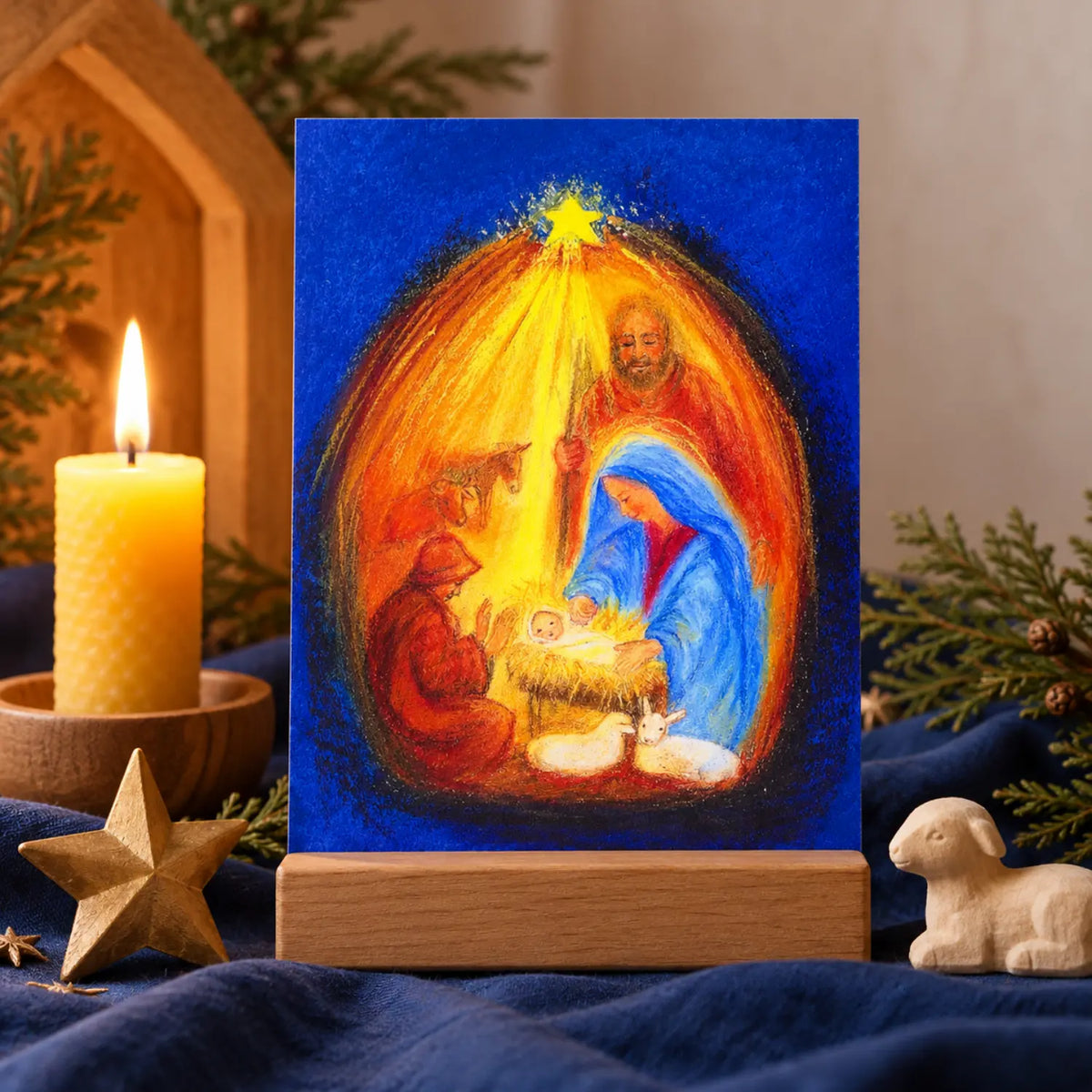 In Bethlehem's Stable postcard by Marjan van Zeyl showing Mary, Joseph, and baby Jesus in a wooden card holder. 