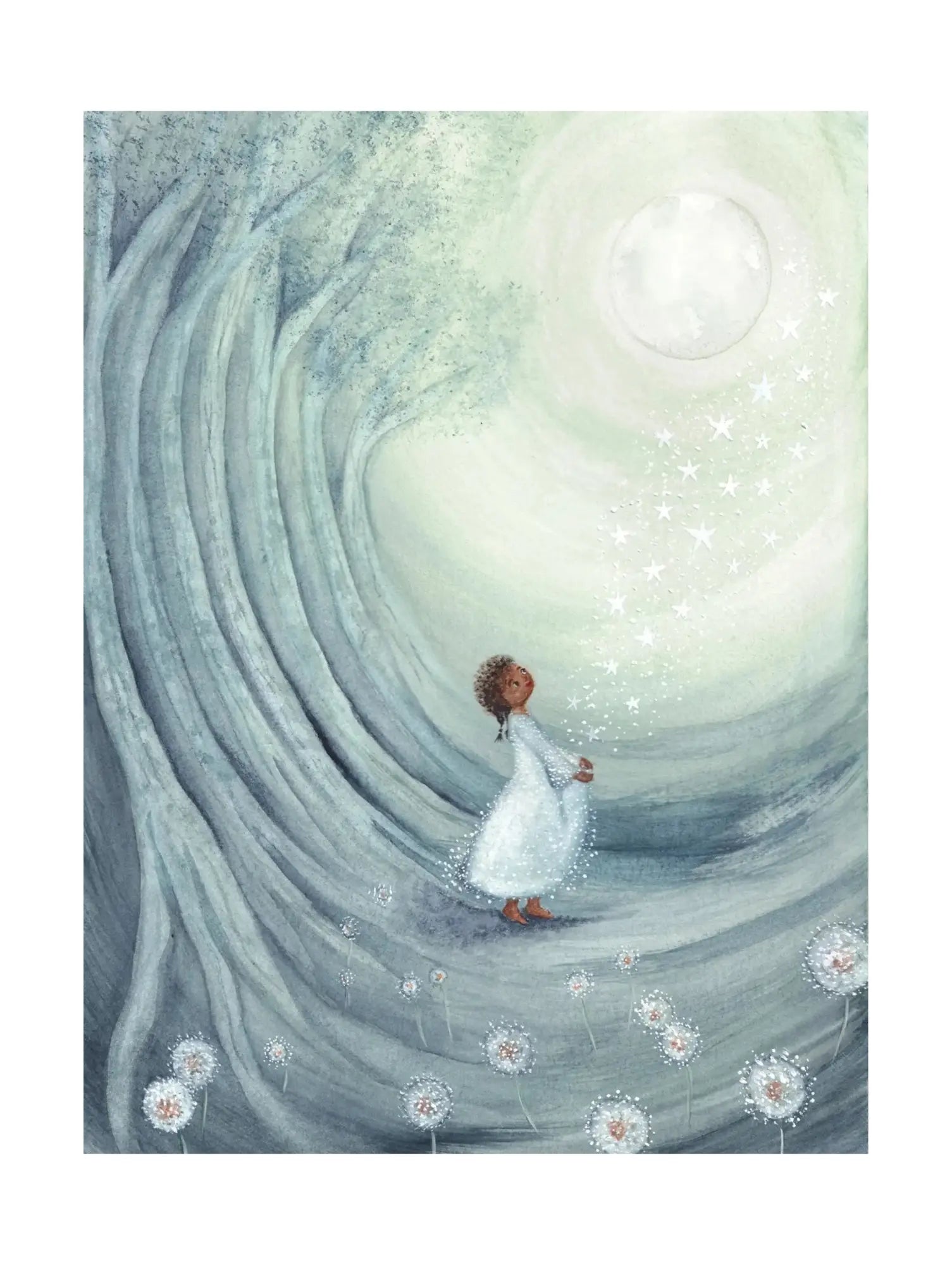 Illustration of a girl in a white dress standing in a wavy, ethereal landscape with stars and a bright light.