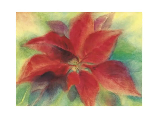 Christmas Flower postcard of a red poinsettia in soft green and blue watercolor tones