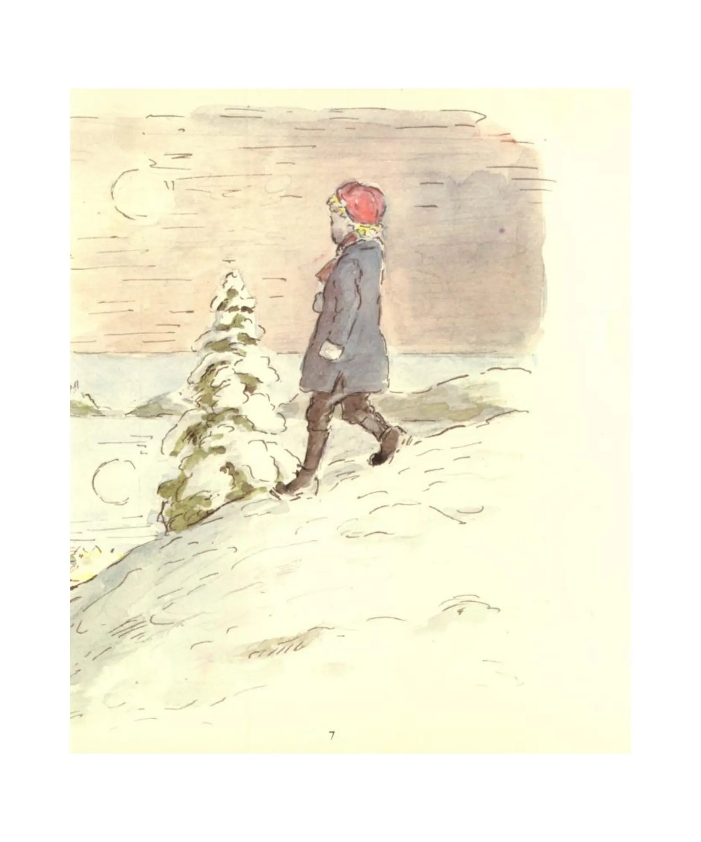 Illustration of a child walking in a snowy landscape with a red hat.