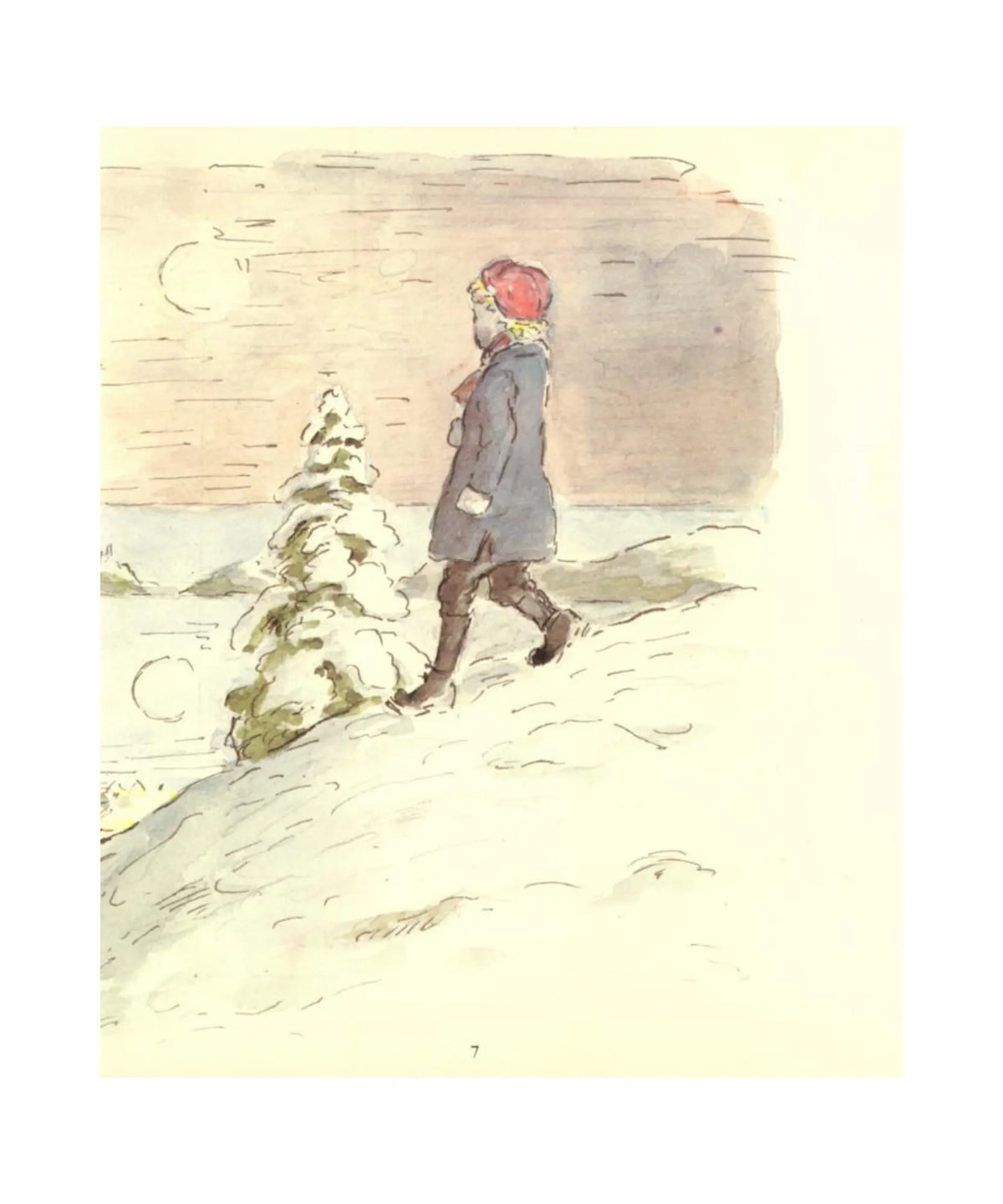 Illustration of a child walking in a snowy landscape with a red hat.