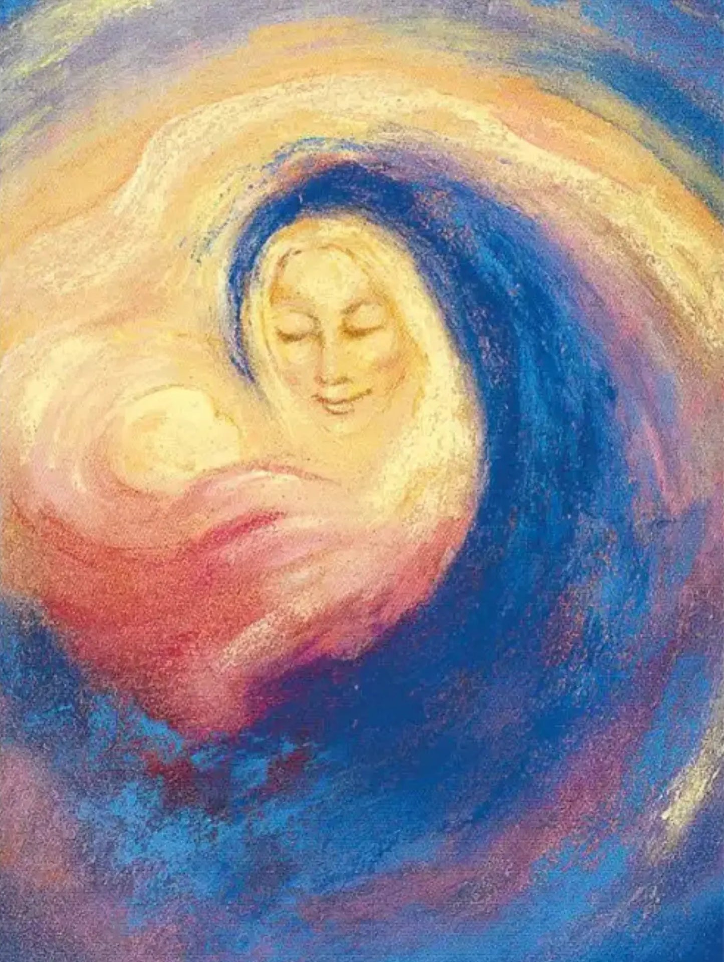 artistic depiction of Mary holding a swaddled baby Jesus in reds, blues, and golden yellows