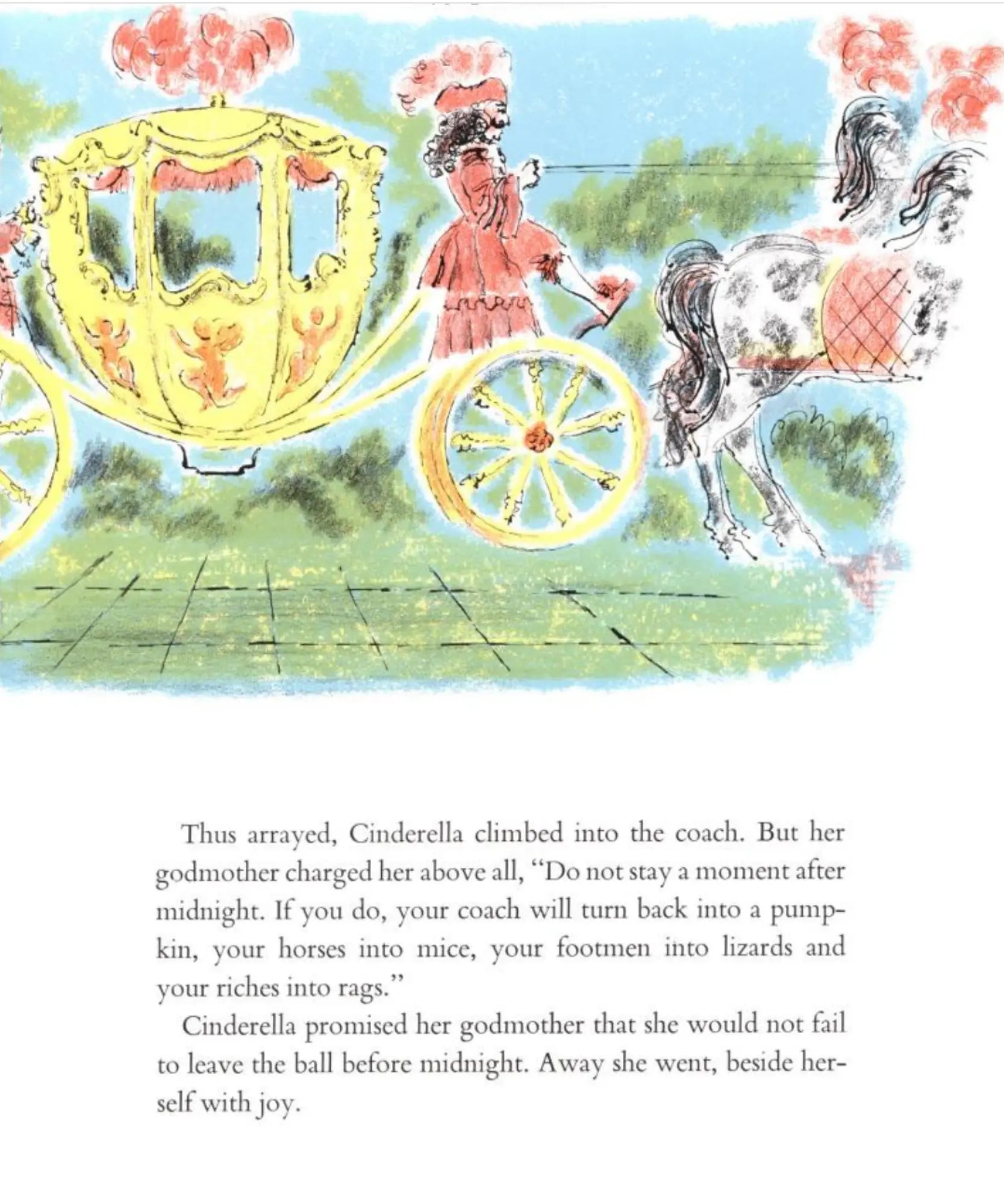 Illustration of Cinderella in a coach with horses, from a fairy tale book.