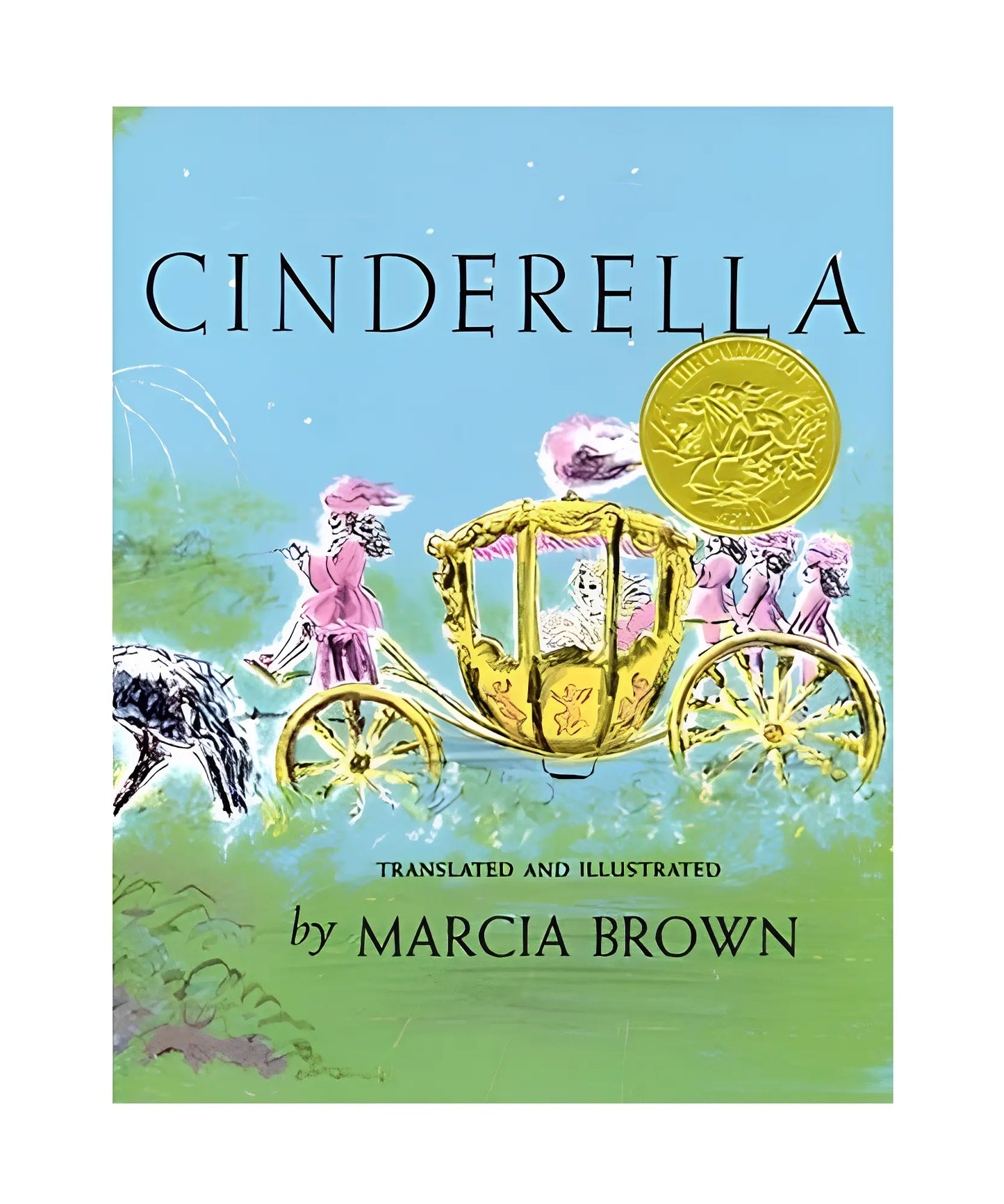 Book cover of 'Cinderella' by Marcia Brown with a yellow carriage and fairy godmother illustration.