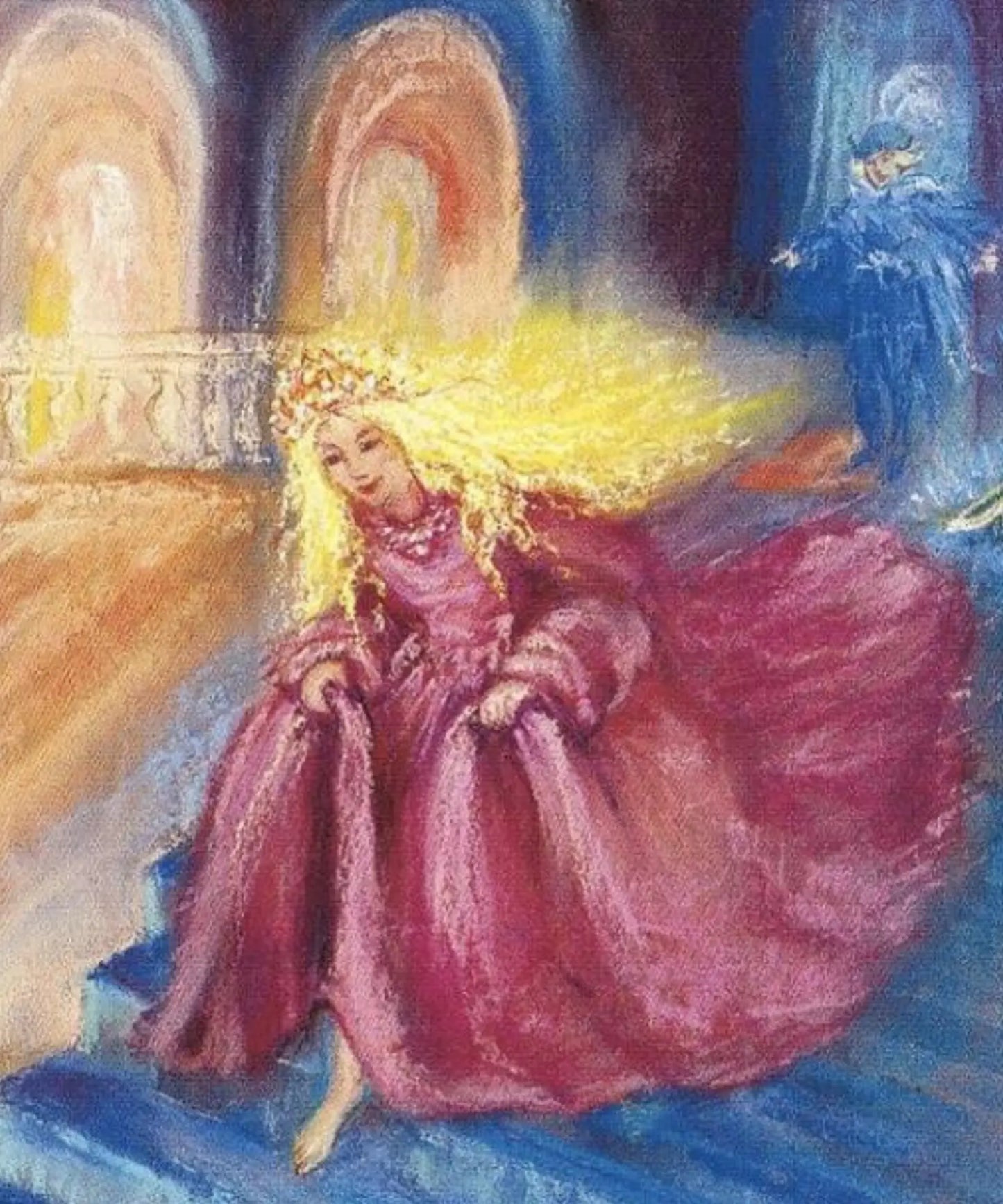Close-up detail of Cinderella fairytale artwork by Marjan van Zeyl showing luminous color and flowing dress movement