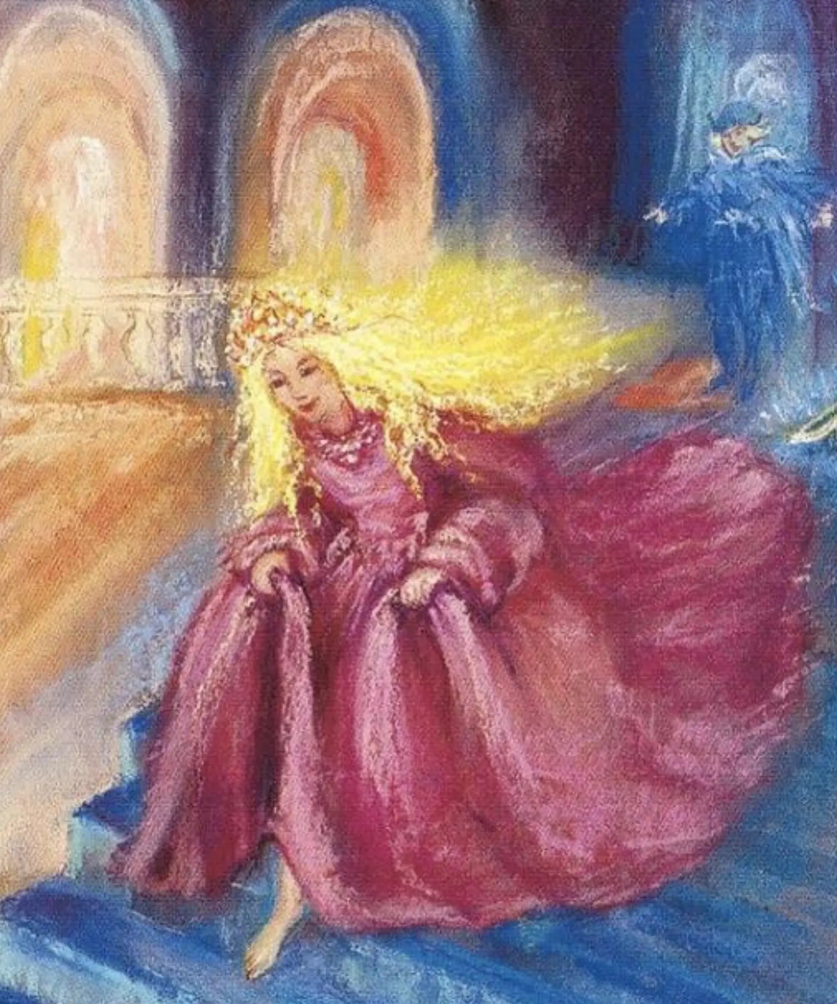 Close-up detail of Cinderella fairytale artwork by Marjan van Zeyl showing luminous color and flowing dress movement