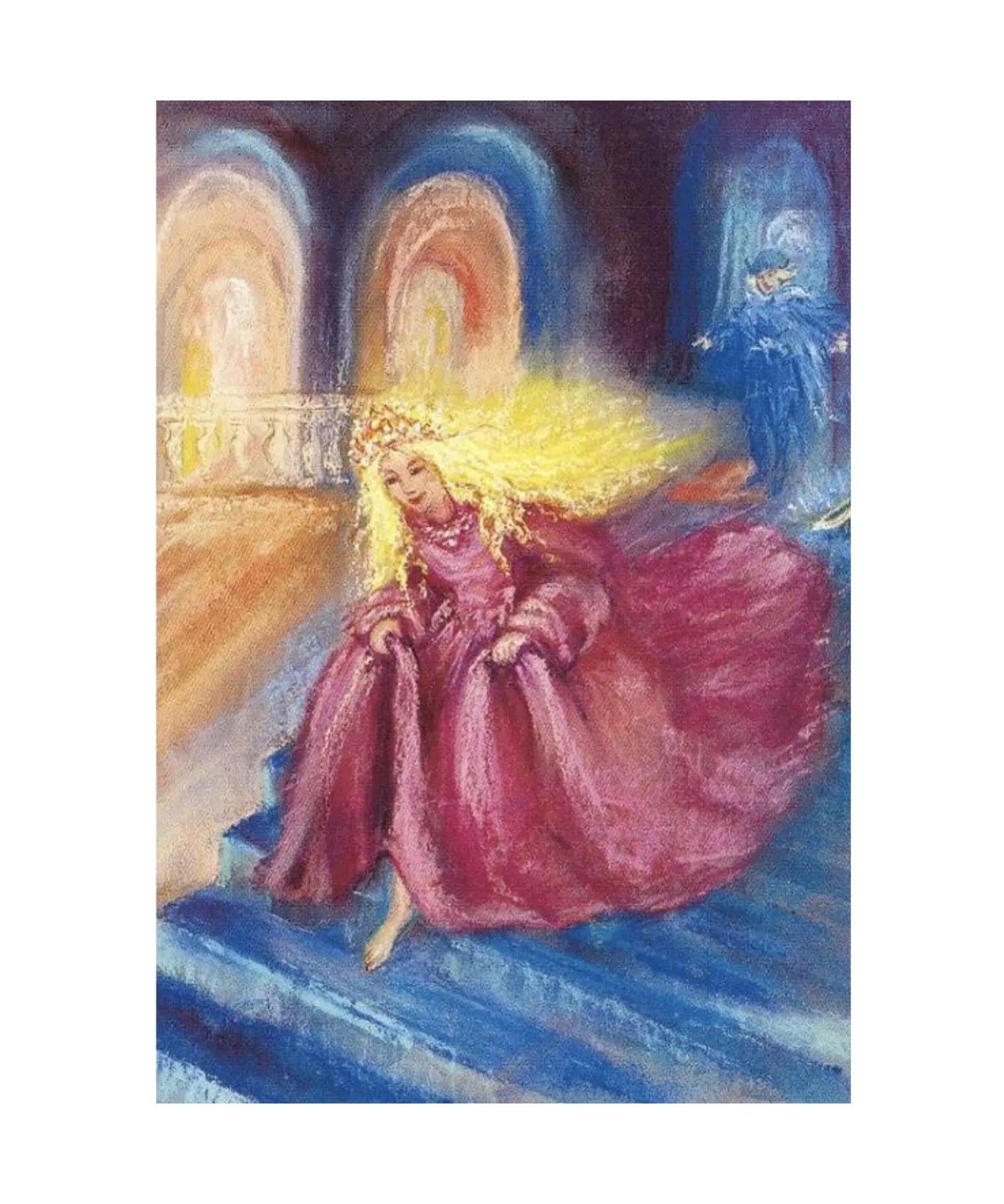 Cinderella postcard by Marjan van Zeyl with flowing pink gown and glowing palace background