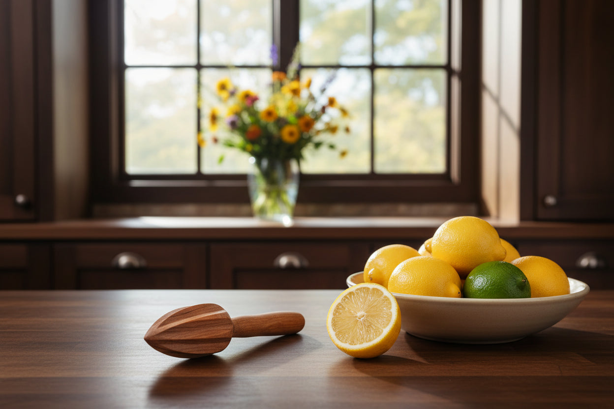 Wooden lemon squeezer and bowl of lemons and limes on a wooden table with a window in the background.