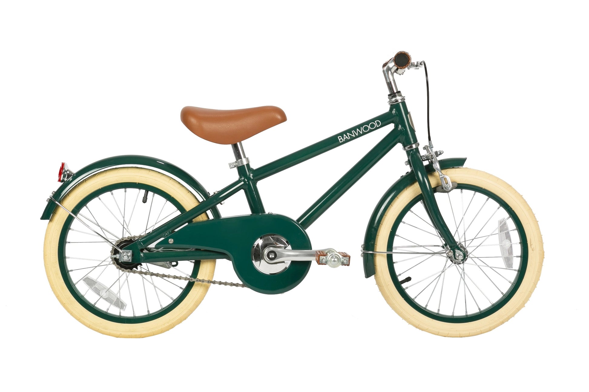 Dark green children's 16 inch bicycle with a brown seat on a white background