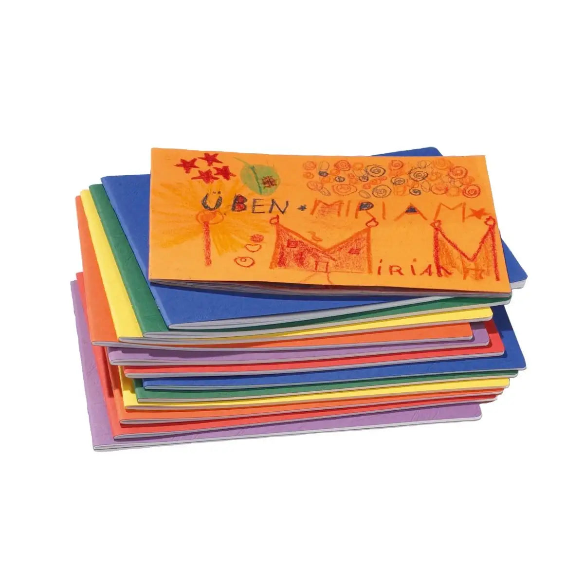 Stack of assorted color blank Waldorf main lesson books with cardstock covers and blank pages