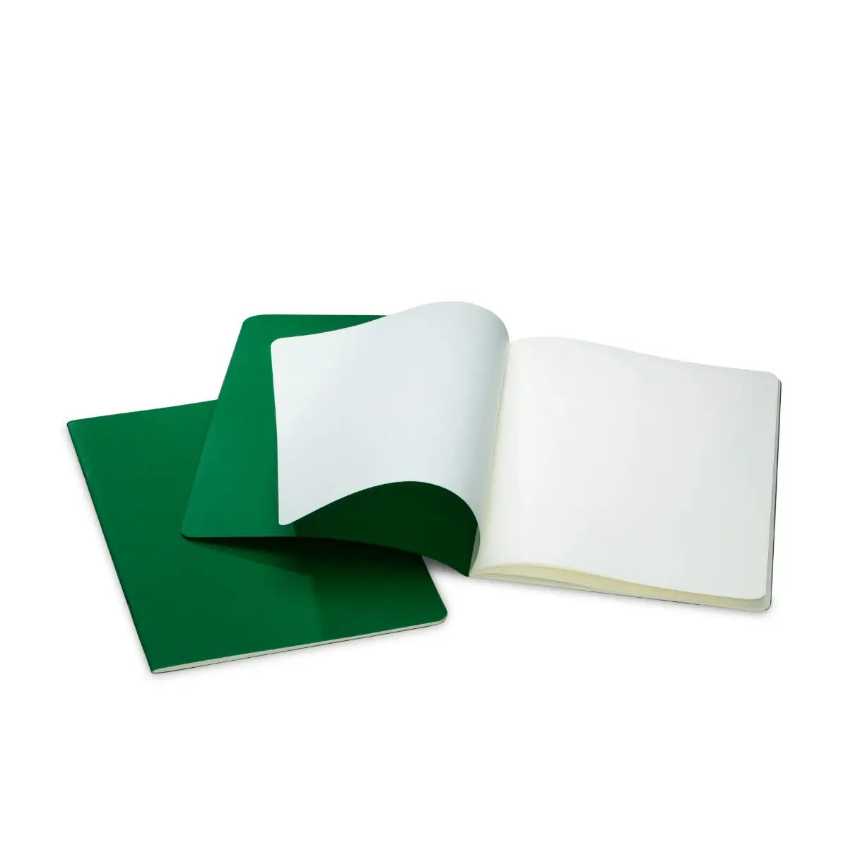 Green portrait blank Waldorf main lesson book with open white pages