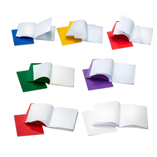 Assorted classic blank Waldorf main lesson books in portrait and landscape formats with colorful cardstock covers