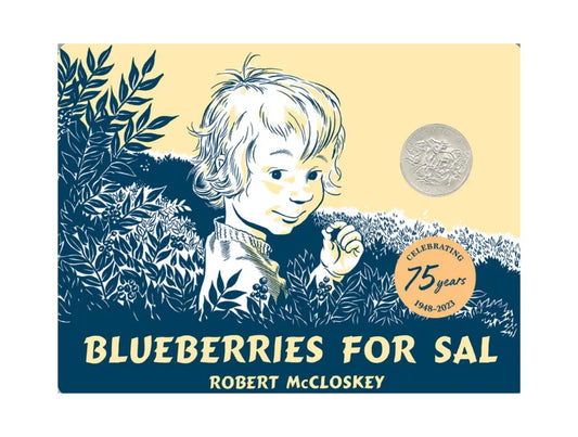 Book cover of 'Blueberries for Sal' by Robert McCloskey with a child illustration and decorative elements.